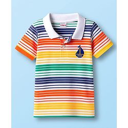 Babyhug Cotton Knit Half Sleeves Striped Polo T-Shirt with Ship Graphic - Multicolor