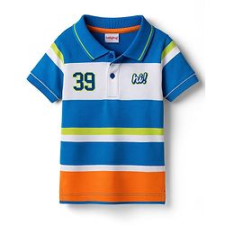 Babyhug Cotton Knit Half Sleeves Striped Polo T-Shirt with Text Graphic - Multicolor