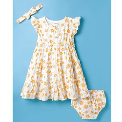 Babyhug Woven Frill Sleeves Floral Printed Frock with Bloomer & Headband - Orange