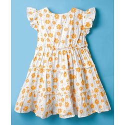 Babyhug Woven Frill Sleeves Floral Printed Frock with Bloomer & Headband - Orange