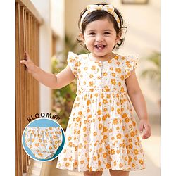 Babyhug Woven Frill Sleeves Floral Printed Frock with Bloomer & Headband - Orange