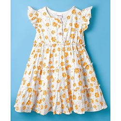 Babyhug Woven Frill Sleeves Floral Printed Frock with Bloomer & Headband - Orange
