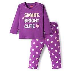 Babyhug Cotton Knit Full Sleeves Night Suit With Text Print - Purple