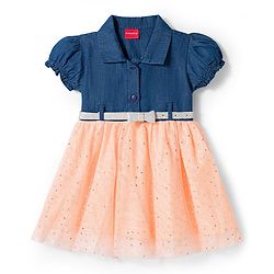 Babyhug Woven Half Sleeves Denim Frock With Foil Heart Print Bow Applique & Belt - Navy Blue