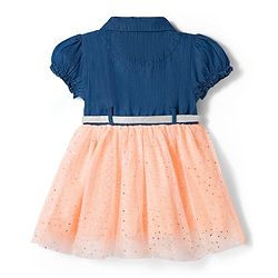 Babyhug Woven Half Sleeves Denim Frock With Foil Heart Print Bow Applique & Belt - Navy Blue