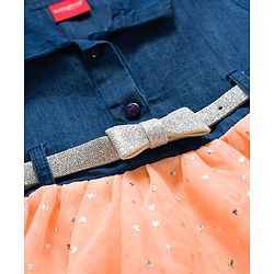 Babyhug Woven Half Sleeves Denim Frock With Foil Heart Print Bow Applique & Belt - Navy Blue