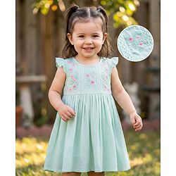 Babyhug Woven Sleeveless Frock with Floral Embroidery - Mint