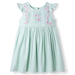Babyhug Woven Sleeveless Frock with Floral Embroidery - Mint