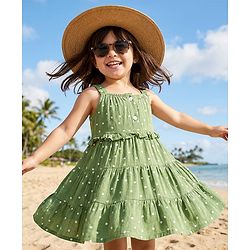 Babyhug Woven Sleeveless Tiered Frock with Polka Dot Print - Olive Green
