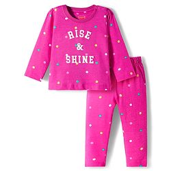 Babyhug Cotton Knit Full Sleeves Night Suit With Text Print - Pink