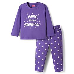 Babyhug Cotton Knit Full Sleeves Night Suit With Text Print - Navy Blue