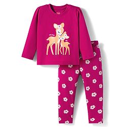 Babyhug Cotton Knit Full Sleeves Night Suit With Animal Print - Dark Pink
