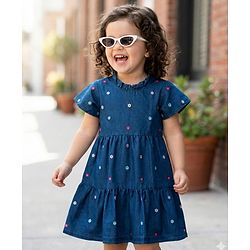 Babyhug Half Sleeves Denim Frock With Floral Embroidery - Blue
