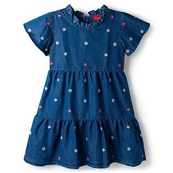 Babyhug Half Sleeves Denim Frock With Floral Embroidery - Blue