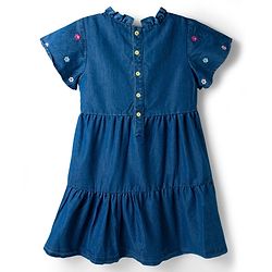 Babyhug Half Sleeves Denim Frock With Floral Embroidery - Blue