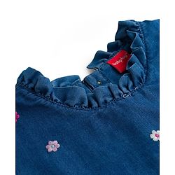 Babyhug Half Sleeves Denim Frock With Floral Embroidery - Blue