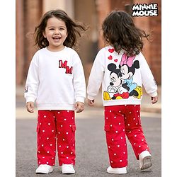 Babyhug Disney Terry Knit Full Sleeves Drop Shoulder T-Shirt & Track Pant with Minnie Mouse Graphics - White & Red
