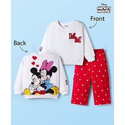 Babyhug Disney Terry Knit Full Sleeves Drop Shoulder T-Shirt & Track Pant with Minnie Mouse Graphics - White & Red