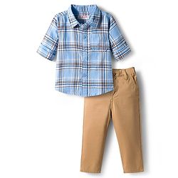 Babyhug Cotton Woven Full Sleeves Checkered Shirt & Pant Set - Blue & Khaki