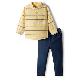 Babyhug Cotton Woven Full Sleeves Kurta Style Striped Shirt & Denim Jeans Set - Yellow & Blue