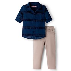 Babyhug Cotton Woven Full Sleeves Checkered Shirt & Trouser Set - Navy Blue