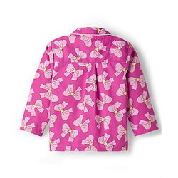 Babyhug Cotton Woven Full Sleeves Front Open Co-ords Night Suit with Bow Print- Pink