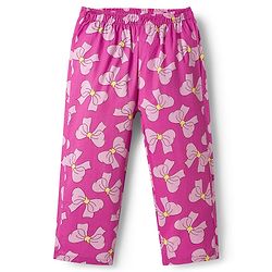 Babyhug Cotton Woven Full Sleeves Front Open Co-ords Night Suit with Bow Print- Pink