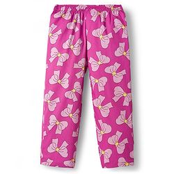 Babyhug Cotton Woven Full Sleeves Front Open Co-ords Night Suit with Bow Print- Pink