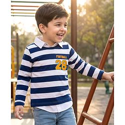 Babyhug 100% Cotton Knit Full Sleeves Polo T-Shirt with Stripes - Navy Blue & White