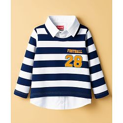 Babyhug 100% Cotton Knit Full Sleeves Polo T-Shirt with Stripes - Navy Blue & White