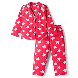 Babyhug Cotton Woven Full Sleeves Co-ords Night Suit With Star Print - Red