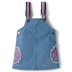 Babyhug Denim Woven Half Sleeves Frock with Inner T-Shirt & Floral Embroidery - Blue