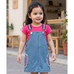 Babyhug Denim Woven Half Sleeves Frock with Inner T-Shirt & Floral Embroidery - Blue