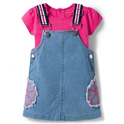 Babyhug Denim Woven Half Sleeves Frock with Inner T-Shirt & Floral Embroidery - Blue