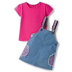 Babyhug Denim Woven Half Sleeves Frock with Inner T-Shirt & Floral Embroidery - Blue
