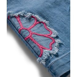 Babyhug Denim Woven Half Sleeves Frock with Inner T-Shirt & Floral Embroidery - Blue