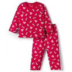 Babyhug Cotton Knit Full Sleeves Co-ord Night Suit With Heart Print - Red
