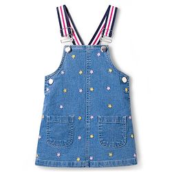 Babyhug Denim Woven Frock with Half Sleeves Inner Tee & Floral Embroidery - Blue & Pink