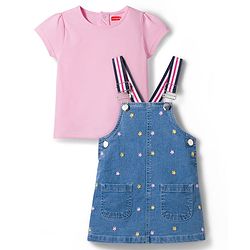 Babyhug Denim Woven Frock with Half Sleeves Inner Tee & Floral Embroidery - Blue & Pink