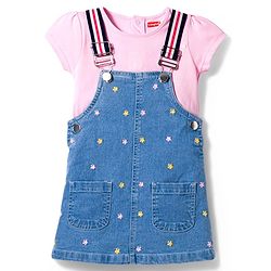 Babyhug Denim Woven Frock with Half Sleeves Inner Tee & Floral Embroidery - Blue & Pink