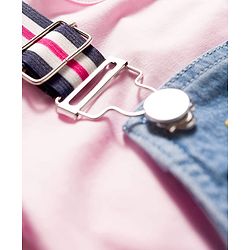 Babyhug Denim Woven Frock with Half Sleeves Inner Tee & Floral Embroidery - Blue & Pink
