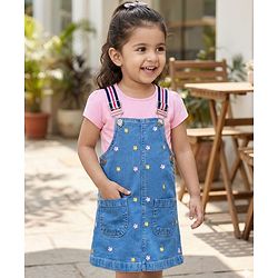 Babyhug Denim Woven Frock with Half Sleeves Inner Tee & Floral Embroidery - Blue & Pink