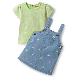 Babyhug Denim Woven Half Sleeves Frock with Inner T-Shirt & Floral Embroidery - Blue