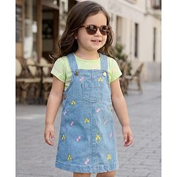 Babyhug Denim Woven Half Sleeves Frock with Inner T-Shirt & Floral Embroidery - Blue