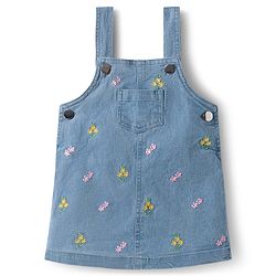 Babyhug Denim Woven Half Sleeves Frock with Inner T-Shirt & Floral Embroidery - Blue