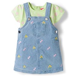 Babyhug Denim Woven Half Sleeves Frock with Inner T-Shirt & Floral Embroidery - Blue