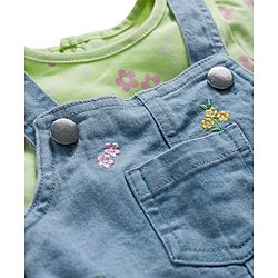 Babyhug Denim Woven Half Sleeves Frock with Inner T-Shirt & Floral Embroidery - Blue