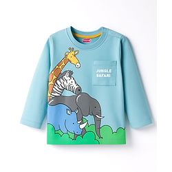 Babyhug 100% Cotton Knit Full Sleeves T-Shirt with Safari Theme Print - Light Blue