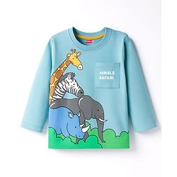 Babyhug 100% Cotton Knit Full Sleeves T-Shirt with Safari Theme Print - Light Blue