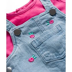 Babyhug Denim Woven Half Sleeves Frock with Inner T-Shirt & Floral Embroidery - Blue